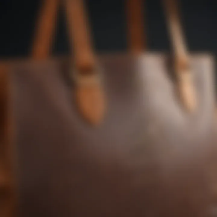 Close-up of the Lina Medium Logo Faux Leather Tote Bag highlighting its logo and design elements.