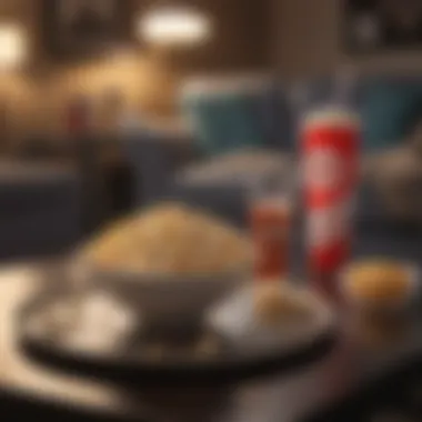 A close-up of a popcorn bowl and a drink on a coffee table.