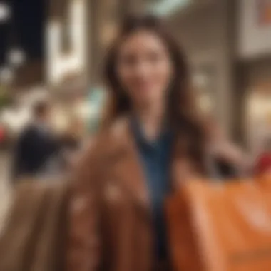 A happy shopper holding bags after a successful clearance hunt