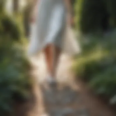 Stylish bride wearing flats while walking on a garden path