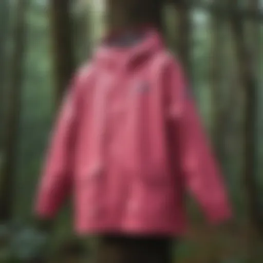 A vibrant pink Columbia rain jacket hanging on a tree branch in a forest.