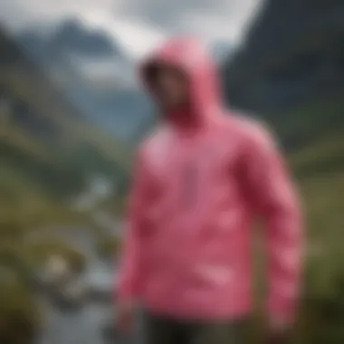 The pink Columbia rain jacket showcased with outdoor gear in a scenic mountain landscape.