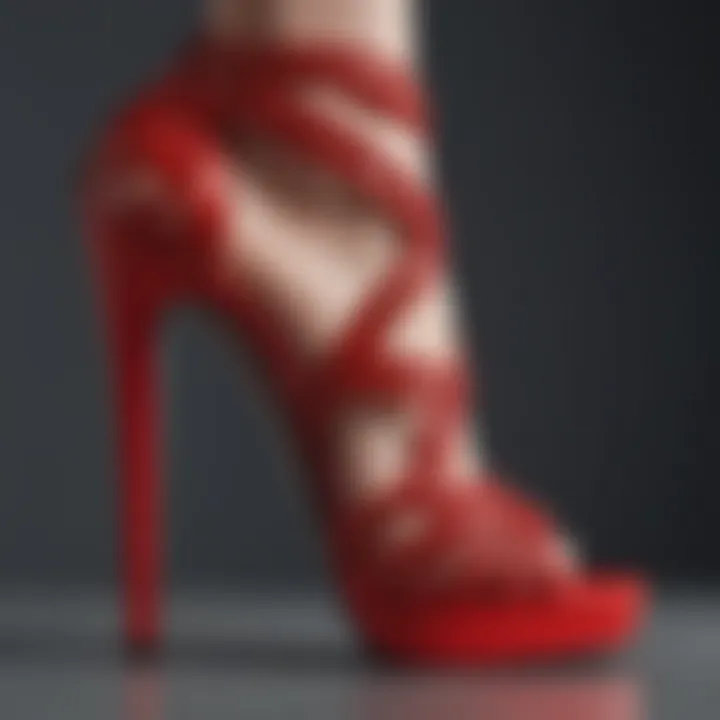 Close-up of the intricate design and texture of red platform heels