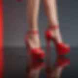 A striking pair of red platform heels on a reflective surface