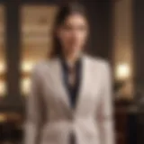 A stylish young woman in a chic blazer and tailored trousers, showcasing business casual elegance.