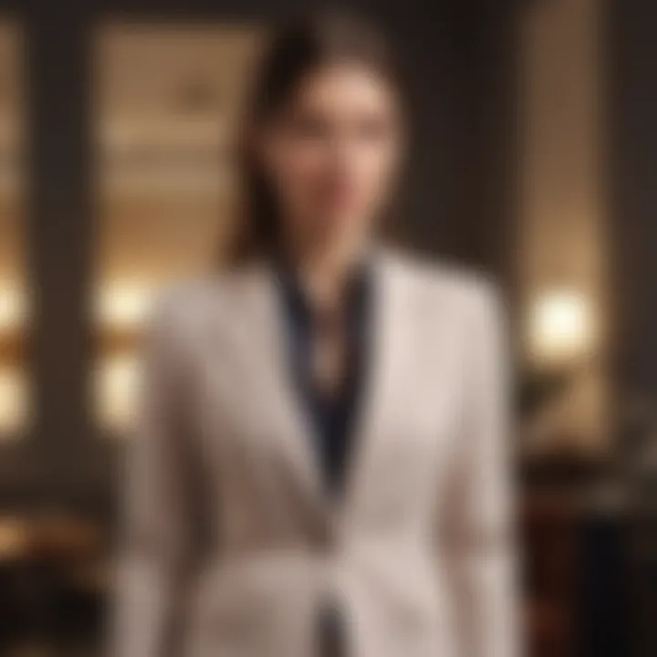 A stylish young woman in a chic blazer and tailored trousers, showcasing business casual elegance.