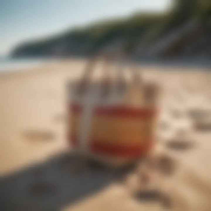 Stylish beach bag on sandy shore