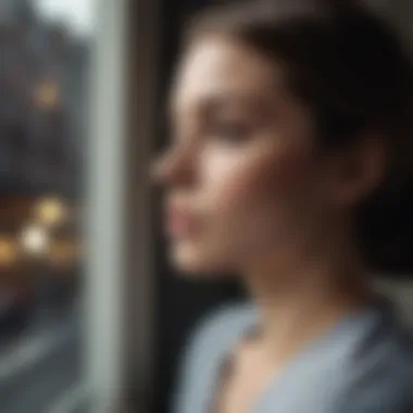 A woman looking contemplative while staring out of a window