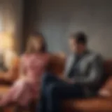 A couple sitting on a couch with one partner looking distant and distracted