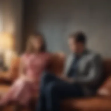 A couple sitting on a couch with one partner looking distant and distracted