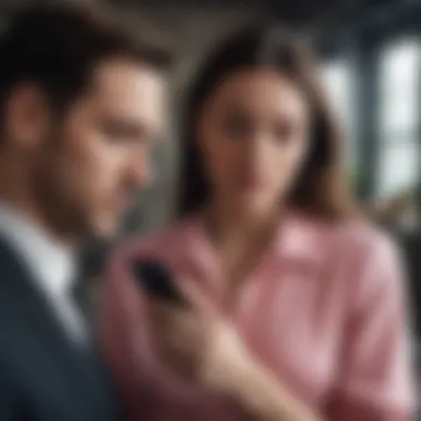 A woman examining her partner's phone with a concerned expression