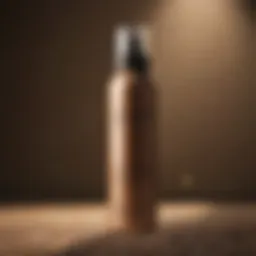 A bottle of SPF finishing spray with sunlight reflecting off it