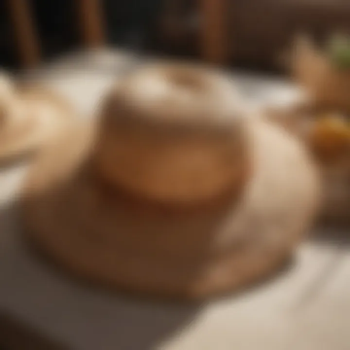 Elegant straw sun hat with intricate weaving designs placed on a vintage table.