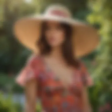 Fashionable sun hat paired with a floral dress in a garden setting.