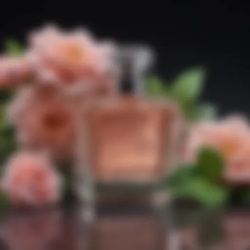 A close-up of an elegant perfume bottle surrounded by blooming flowers.