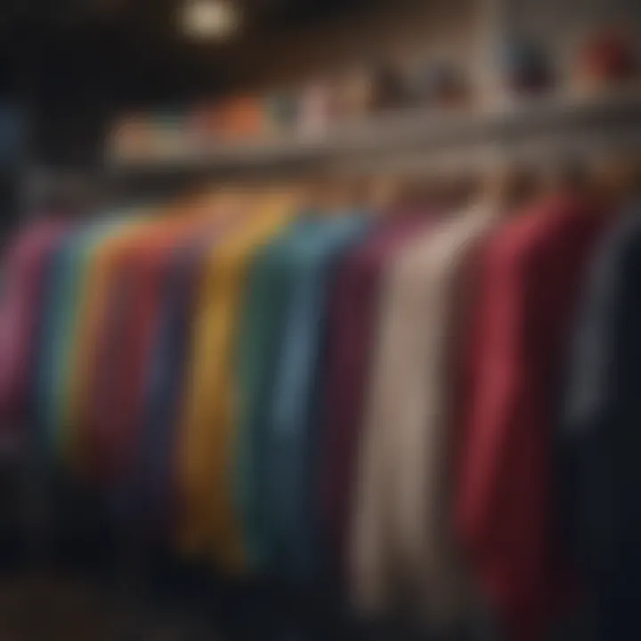 A selection of colorful winter sweaters hanging on a rack