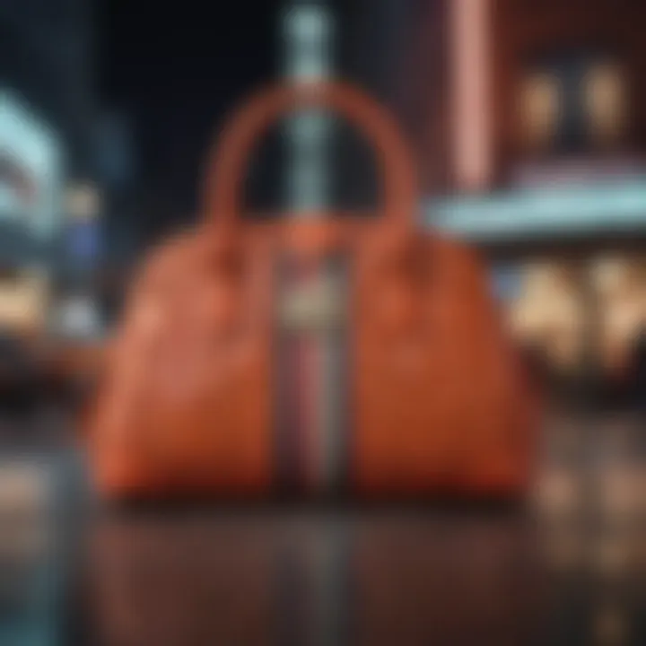 A fashion-forward purse displayed in a vibrant urban setting, embodying modern trends.