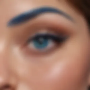 Close-up of blue eyeliner applied to the waterline, creating a striking look