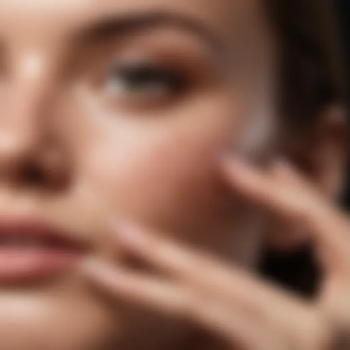 Close-up of a hand applying serum to a flawless complexion