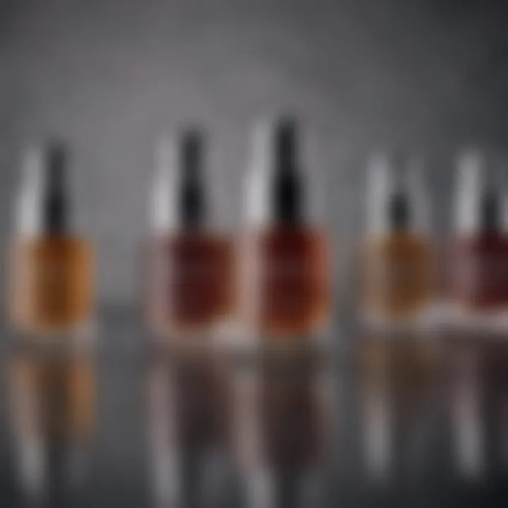 An array of night serums with natural ingredients displayed artistically