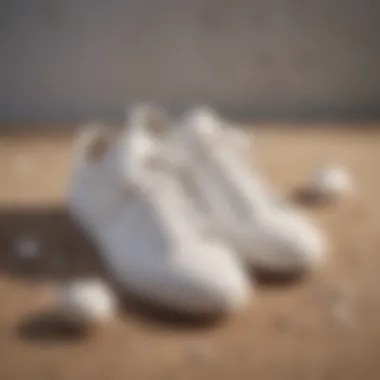 Close-up of white shoes on a natural surface showcasing environmental themes