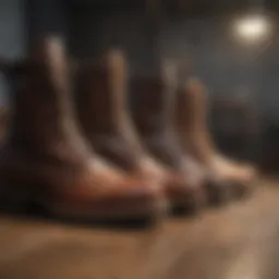 A stylish array of boots displayed on a wooden surface