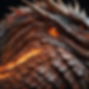 A close-up view of a dragon's scales and fiery breath