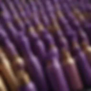 An array of purple shampoos displayed elegantly.