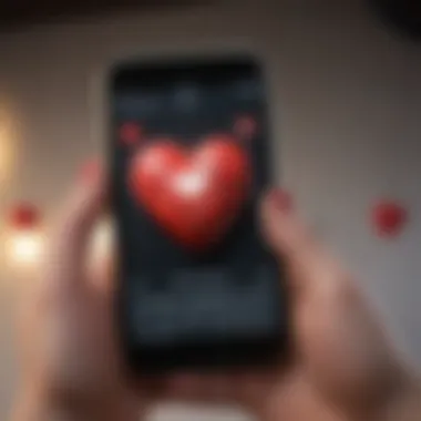 A close-up of a hand holding a smartphone with heart icons on the screen