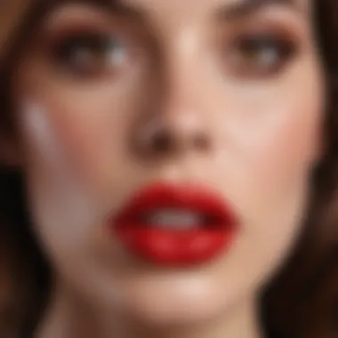 A beautifully styled woman with brown hair wearing a bold red lip color, enhancing her natural beauty.