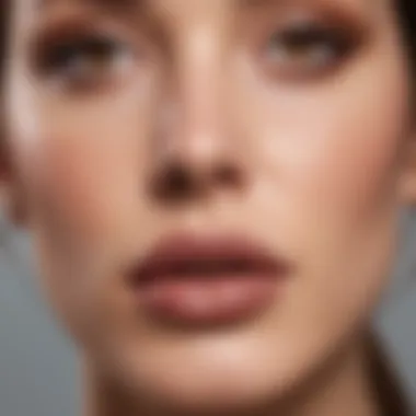 Close-up of a woman with brown hair showcasing a neutral lip shade that complements her features.