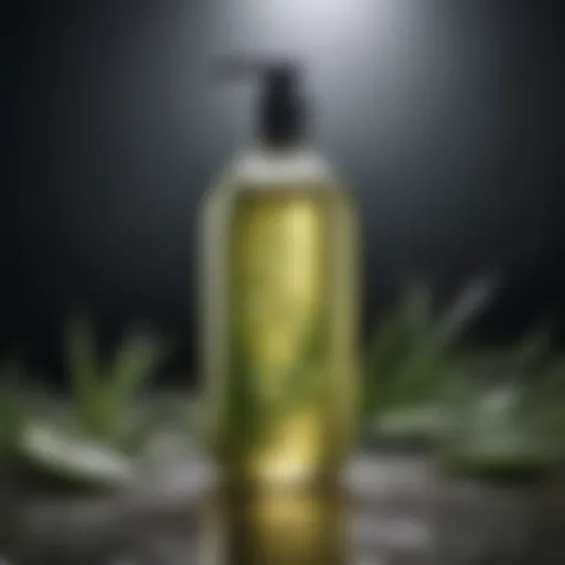 A close-up of natural shampoo ingredients like aloe vera and essential oils