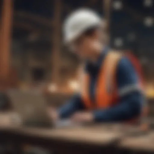 Construction site worker using a laptop for project management