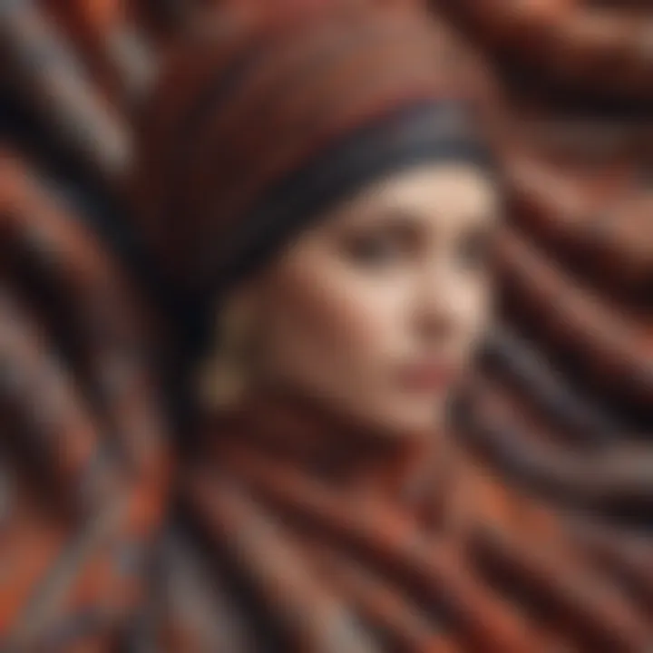 Close-up of intricate fabric patterns on a turban scarf