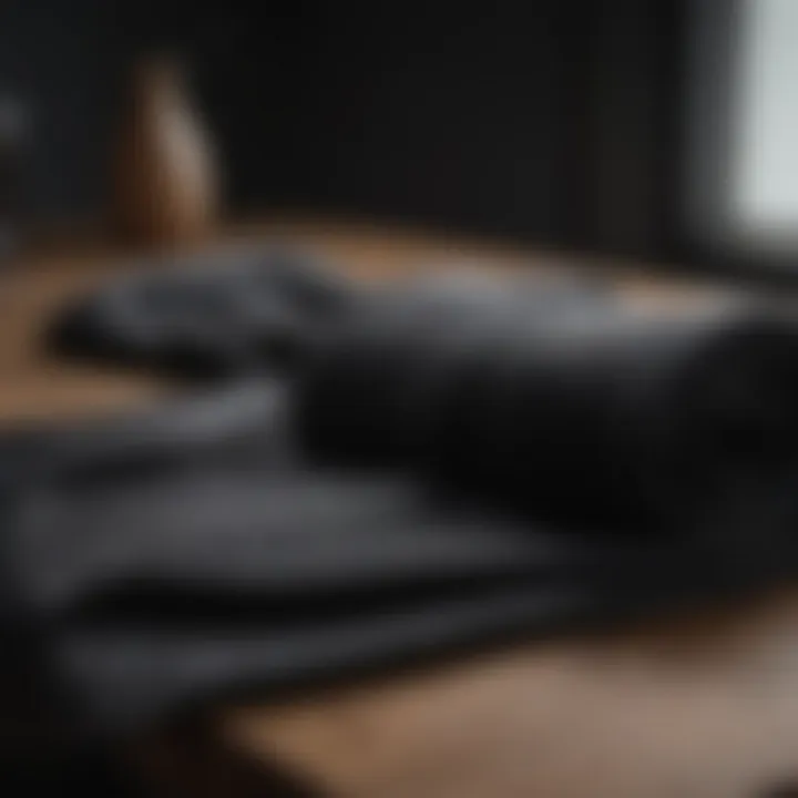 Various design options of black cashmere wraps displayed artistically on a wooden surface