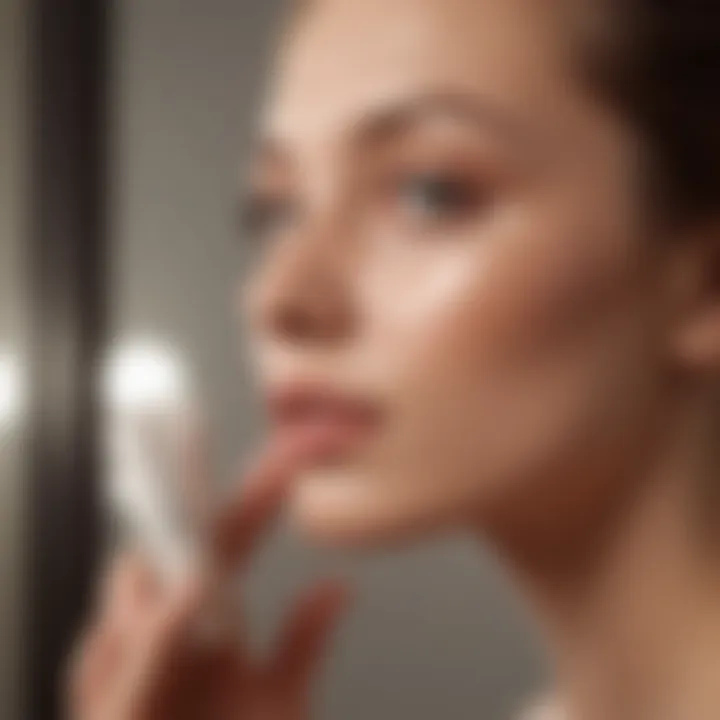 A hand holding a tinted moisturizer tube in front of a mirror, reflecting a clear skin tone.