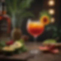 A vibrant tropical rum cocktail garnished with fresh fruit