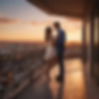 An intimate couple sharing a passionate moment on a balcony with a sunset backdrop