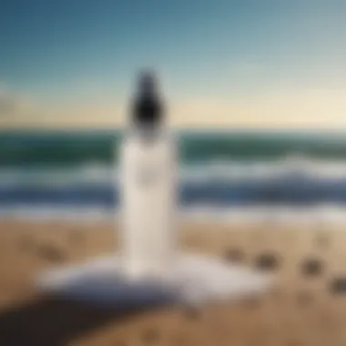 Bottle of sea salt spray with ocean backdrop