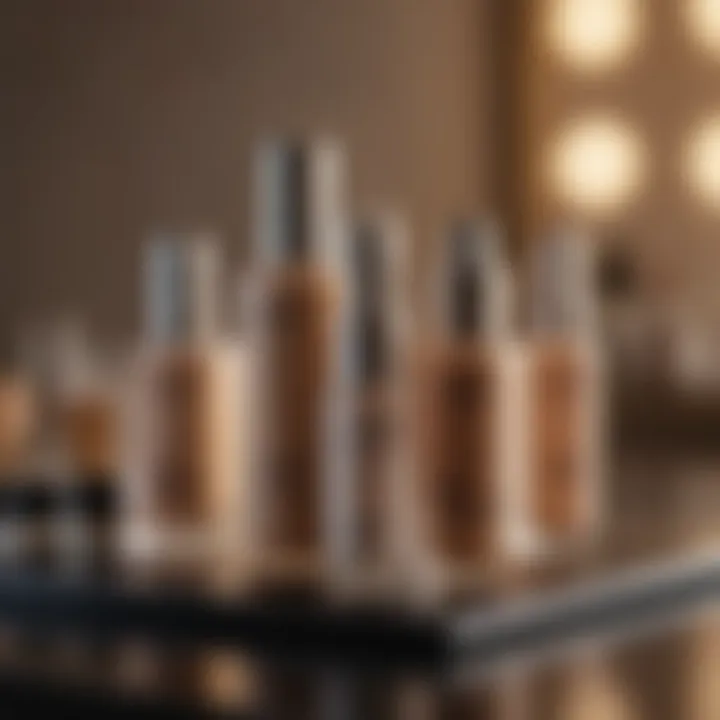 A variety of foundation products displayed elegantly on a vanity.