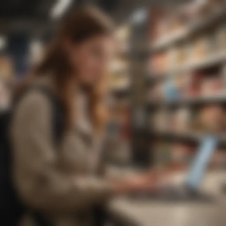 A shopper reviewing a Knack backpack on a laptop while comparing prices