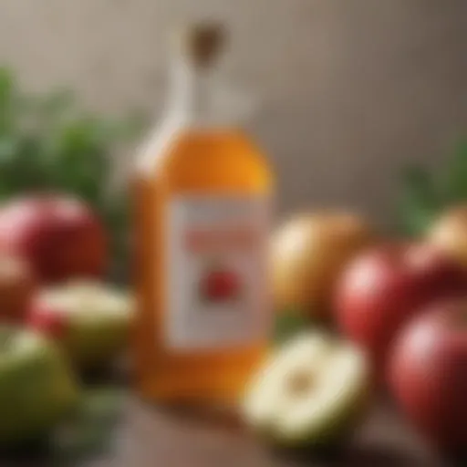 A bottle of apple cider vinegar surrounded by fresh apples and herbs.