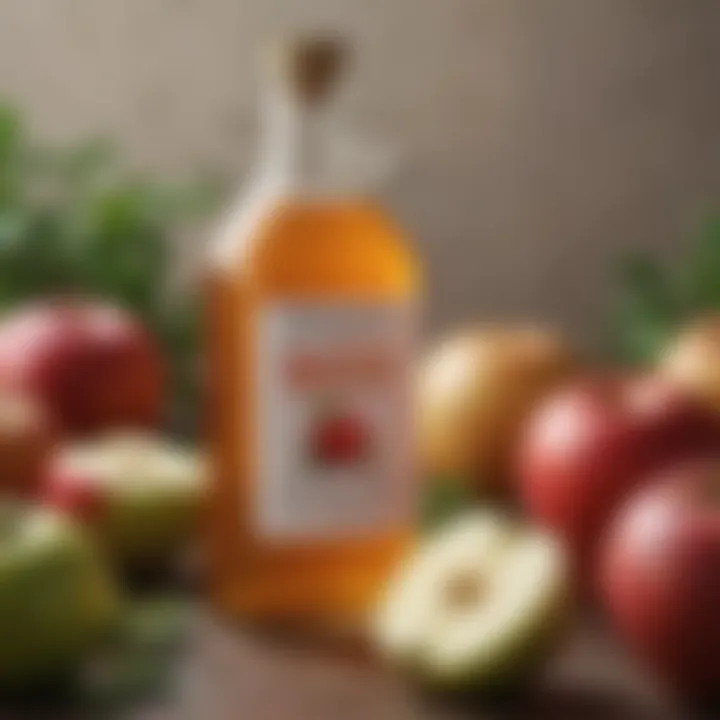 A bottle of apple cider vinegar surrounded by fresh apples and herbs.