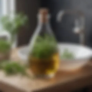 Creating Infused Vinegar for Enhanced Hair Benefits A serene bathroom setting with a bowl of infused vinegar and fresh herbs.