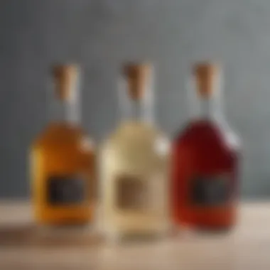 An assortment of different types of vinegar in elegant glass bottles.