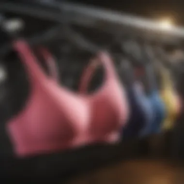 Different styles of sports bras displayed on a rack