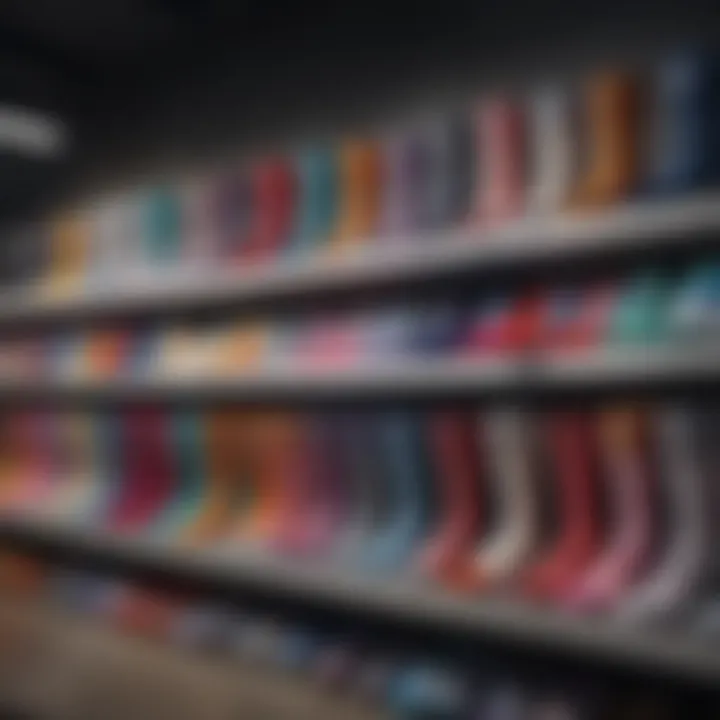 A selection of popular fuzzy sock brands on a retail shelf