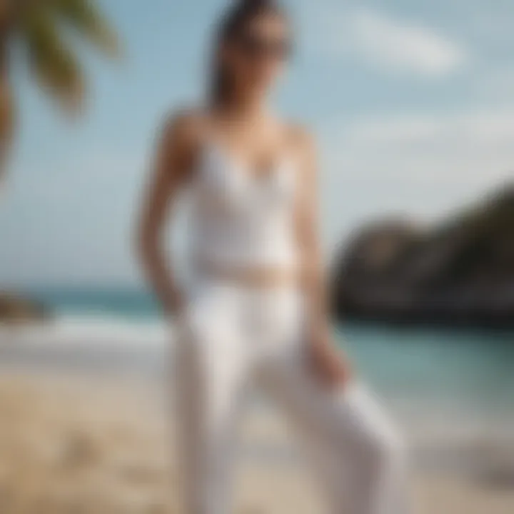 Casual beach setting showcasing different styles of white beach pants